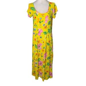 Vintage 90s Jams World Yellow Floral Rayon Women’s Medium Maxi Dress Hawaiian